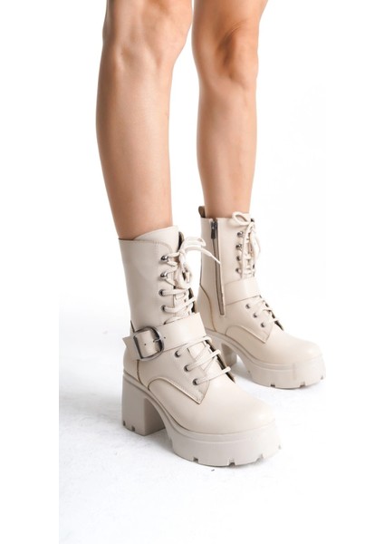 Xmpdby Linma Bej Cilt Bağcıklı Topuklu Bot (Numara: 39)