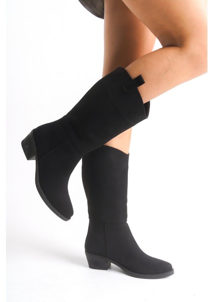 Siyah Süet Kadın Çizme Western Kovboy Diz Altı Kaymaz Taban Kalın Topuklu Holly