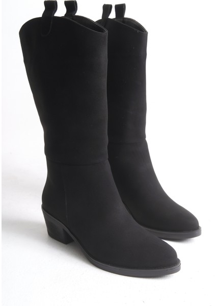 Siyah Süet Kadın Çizme Western Kovboy Diz Altı Kaymaz Taban Kalın Topuklu Holly fiyatları