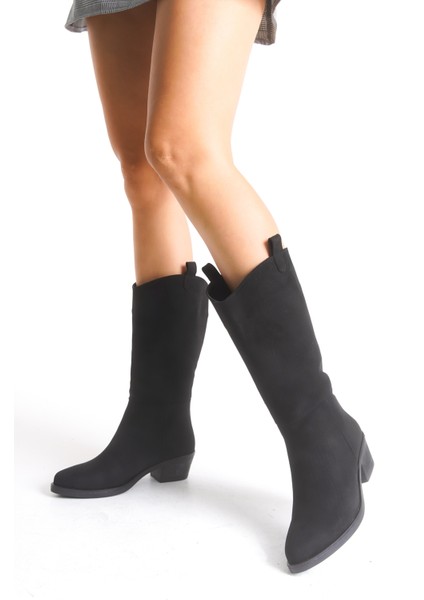 Siyah Süet Kadın Çizme Western Kovboy Diz Altı Kaymaz Taban Kalın Topuklu Holly