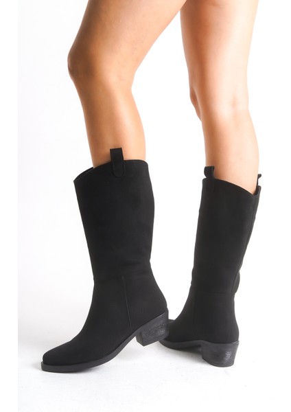 Siyah Süet Kadın Çizme Western Kovboy Diz Altı Kaymaz Taban Kalın Topuklu Holly