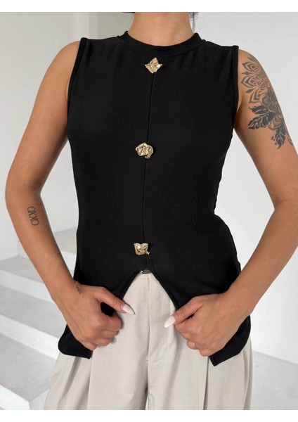 Xmpdby Kadın Siyah Bisiklet Yaka Gold Düğmeli Ottoman Bluz S2310 (Beden: S)
