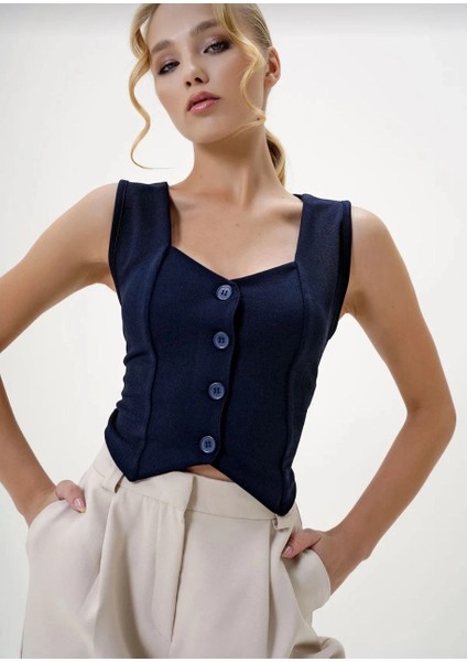 Xmpdby Krep Kumaş Düğmeli Yelek Lacivert S3395 (Beden: Xl)