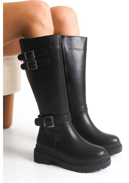 Siyah Deri Kadın Çizme Postal Kaymaz Taban Fermuarlı Emy fiyatları