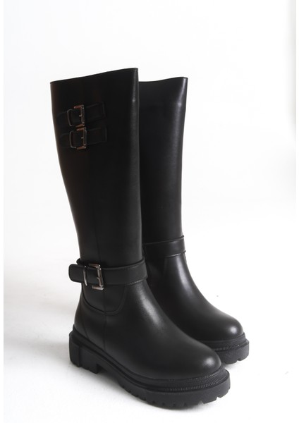 Siyah Deri Kadın Çizme Postal Kaymaz Taban Fermuarlı Emy modelleri