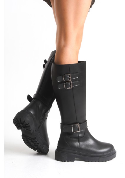 Siyah Deri Kadın Çizme Postal Kaymaz Taban Fermuarlı Emy