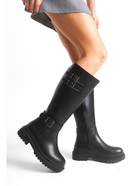 Siyah Deri Kadın Çizme Postal Kaymaz Taban Fermuarlı Emy