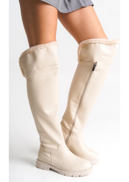 Bej Rengi Deri Binici Diz Üstü Kürklü Kaymaz Taban Fermuarlı Kety Kadın Çizme
