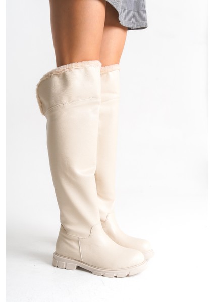 Bej Rengi Deri Binici Diz Üstü Kürklü Kaymaz Taban Fermuarlı Kety Kadın Çizme fiyatları