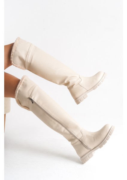 Bej Rengi Deri Binici Diz Üstü Kürklü Kaymaz Taban Fermuarlı Kety Kadın Çizme