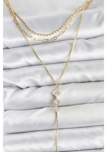 Pirinç Gold Renk Zirkon Taş Detaylı 3'lü Kombin Y Kadın Kolye