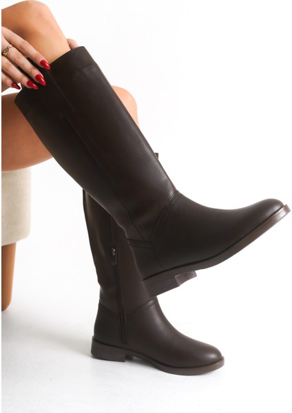 Kahverengi Deri Kadın Çizme Binici Diz Altı Fermuarlı Kaymaz Taban Kalın Topuklu Horsey fiyatları