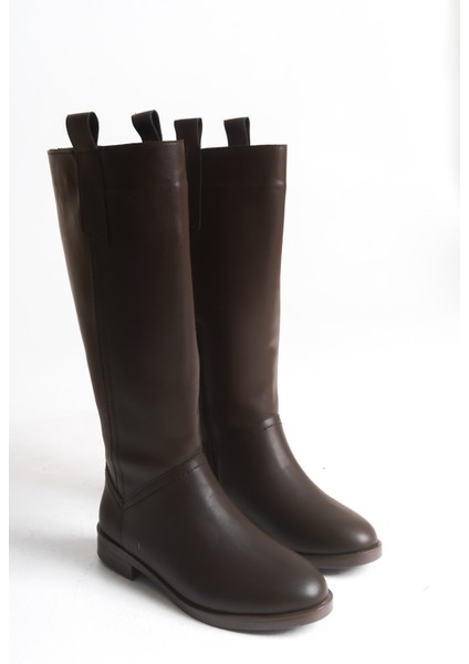 Kahverengi Deri Kadın Çizme Binici Diz Altı Fermuarlı Kaymaz Taban Kalın Topuklu Horsey indirimleri