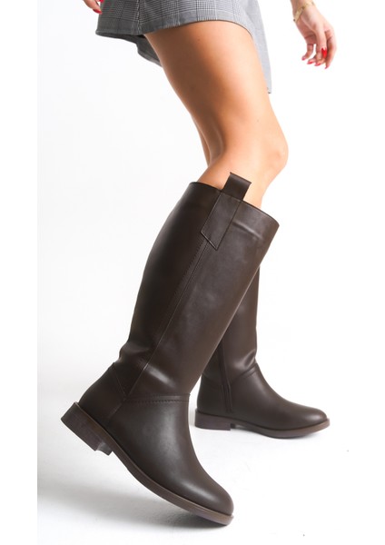 Kahverengi Deri Kadın Çizme Binici Diz Altı Fermuarlı Kaymaz Taban Kalın Topuklu Horsey
