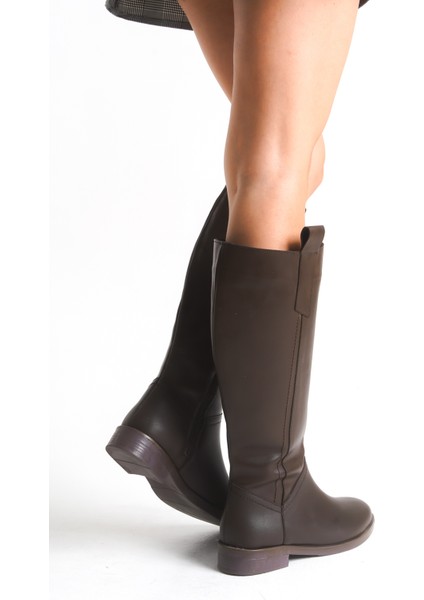 Kahverengi Deri Kadın Çizme Binici Diz Altı Fermuarlı Kaymaz Taban Kalın Topuklu Horsey