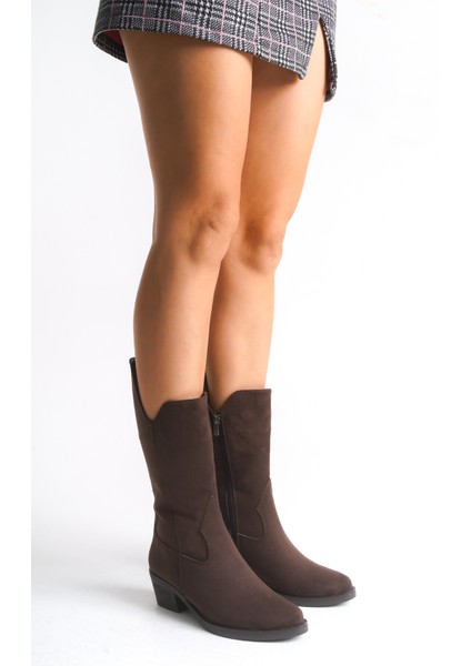 Kahverengi Süet Kadın Çizme Western Kovboy Diz Altı Kaymaz Taban Kalın Topuklu Annabel fiyatları