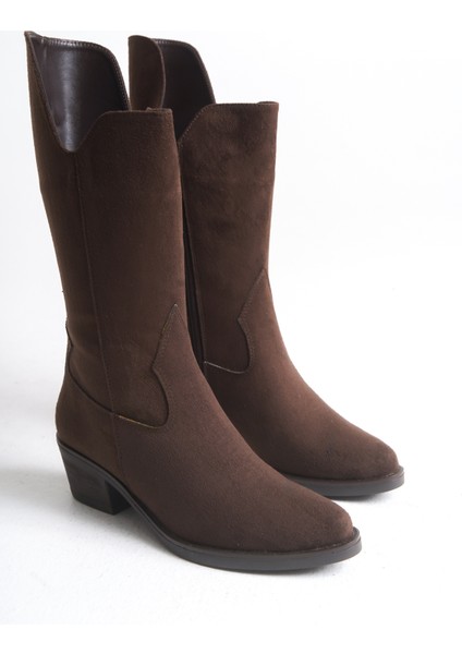 Kahverengi Süet Kadın Çizme Western Kovboy Diz Altı Kaymaz Taban Kalın Topuklu Annabel modelleri