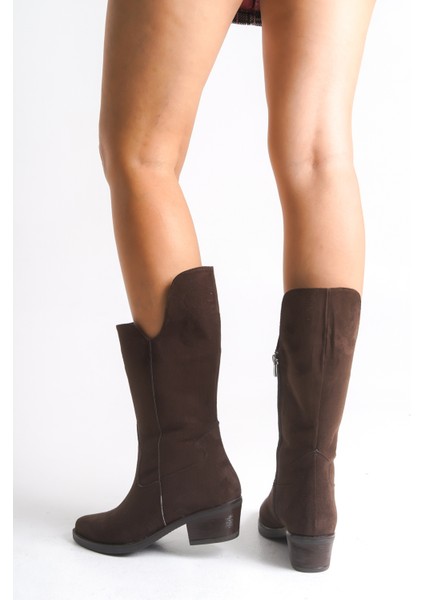 Kahverengi Süet Kadın Çizme Western Kovboy Diz Altı Kaymaz Taban Kalın Topuklu Annabel fırsatları