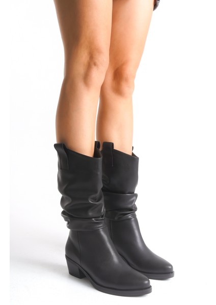 Siyah Deri Kadın Çizme Western Kovboy Kaymaz Taban Kalın Topuklu Emily