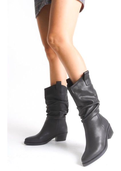 Siyah Deri Kadın Çizme Western Kovboy Kaymaz Taban Kalın Topuklu Emily modelleri