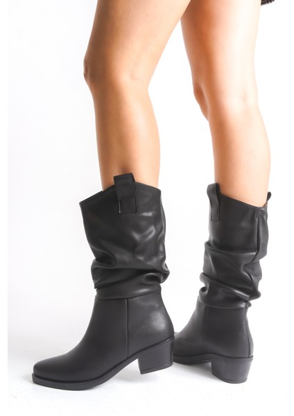 Siyah Deri Kadın Çizme Western Kovboy Kaymaz Taban Kalın Topuklu Emily fırsatları