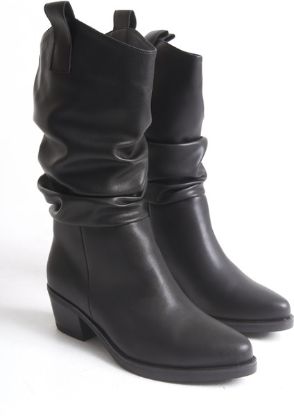 Siyah Deri Kadın Çizme Western Kovboy Kaymaz Taban Kalın Topuklu Emily indirimleri