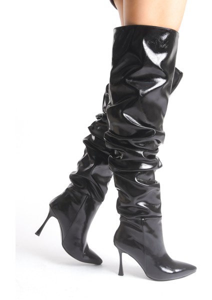 Kadın Çizme Siyah Rugan Diz Üstü Streç Ince Topuklu Tina