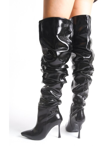 Kadın Çizme Siyah Rugan Diz Üstü Streç Ince Topuklu Tina