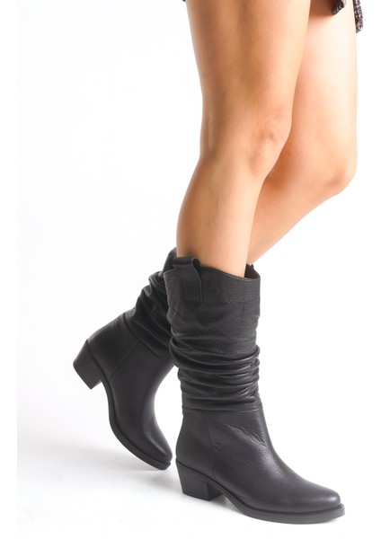 Siyah Deri Kadın Çizme Western Kovboy Piliseli Kaymaz Taban Kalın Topuklu Dina fırsatları