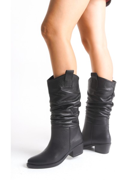 Siyah Deri Kadın Çizme Western Kovboy Piliseli Kaymaz Taban Kalın Topuklu Dina