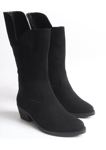 Siyah Süet Kadın Çizme Western Kovboy Diz Altı Kaymaz Taban Kalın Topuklu Annabel indirimleri
