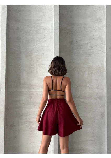 Xmpdby Volanlı Keten Şort Bordo S255058 (Beden: Xl) modelleri
