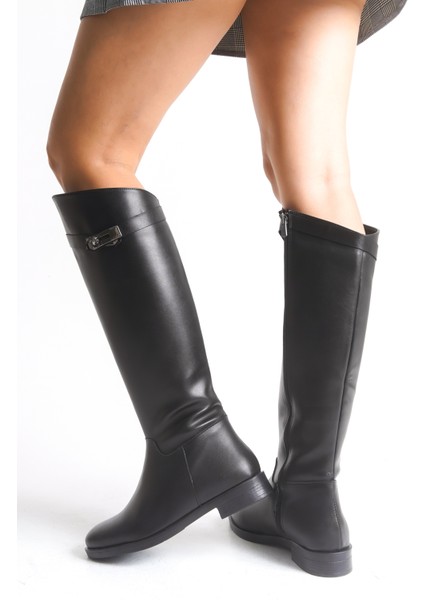Kadın Çizme Siyah Deri Binici Diz Üstü Toka Aksesuarlı Kaymaz Taban Fermuarlı Massimo fırsatları