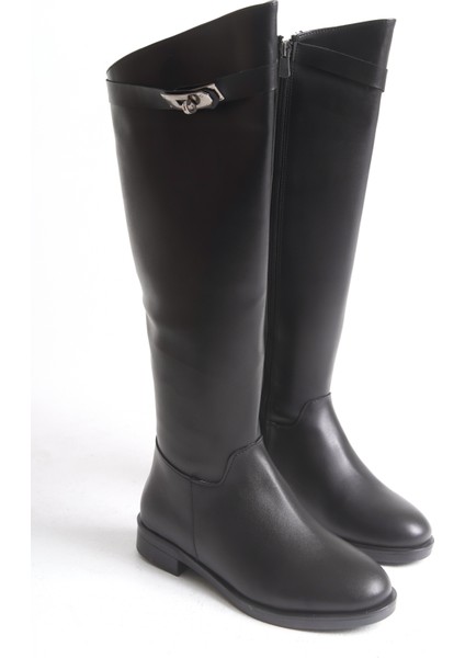 Kadın Çizme Siyah Deri Binici Diz Üstü Toka Aksesuarlı Kaymaz Taban Fermuarlı Massimo indirimleri