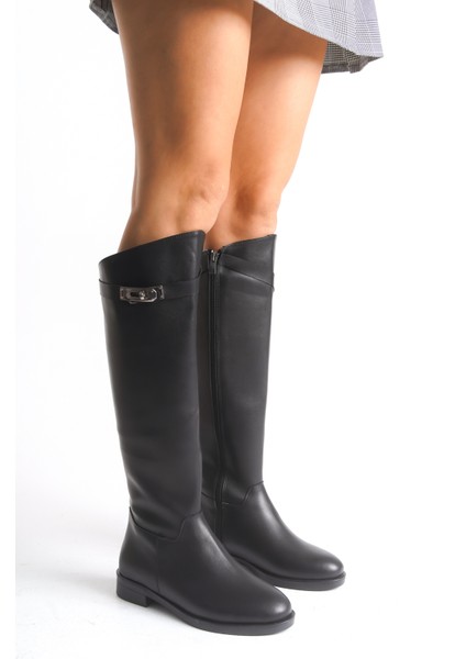 Kadın Çizme Siyah Deri Binici Diz Üstü Toka Aksesuarlı Kaymaz Taban Fermuarlı Massimo