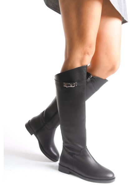 Kadın Çizme Siyah Deri Binici Diz Üstü Toka Aksesuarlı Kaymaz Taban Fermuarlı Massimo