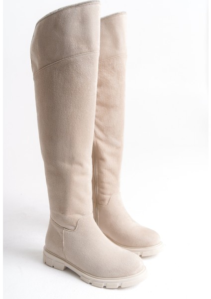 Kadın Çizme Bej Rengi Süet Binici Diz Üstü Taşlı Kaymaz Taban Fermuarlı Kety modelleri