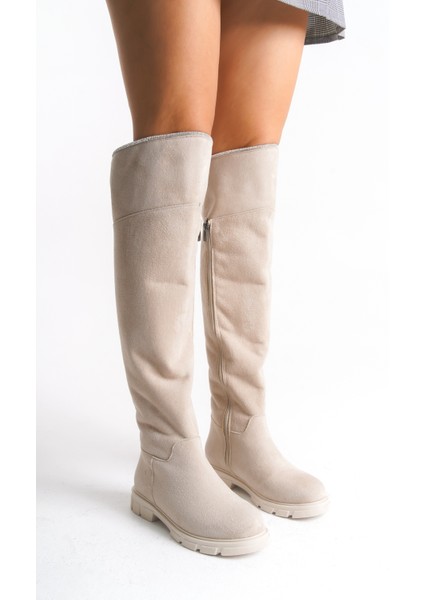Kadın Çizme Bej Rengi Süet Binici Diz Üstü Taşlı Kaymaz Taban Fermuarlı Kety