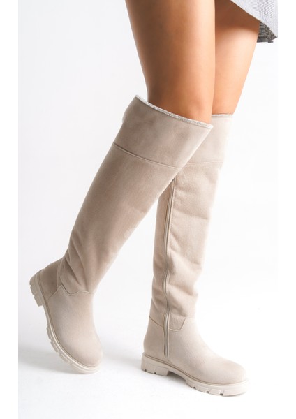 Kadın Çizme Bej Rengi Süet Binici Diz Üstü Taşlı Kaymaz Taban Fermuarlı Kety