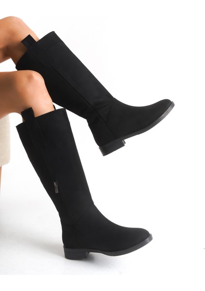 Siyah Süet Kadın Çizme Binici Diz Altı Fermuarlı Kaymaz Taban Kalın Topuklu Horsey