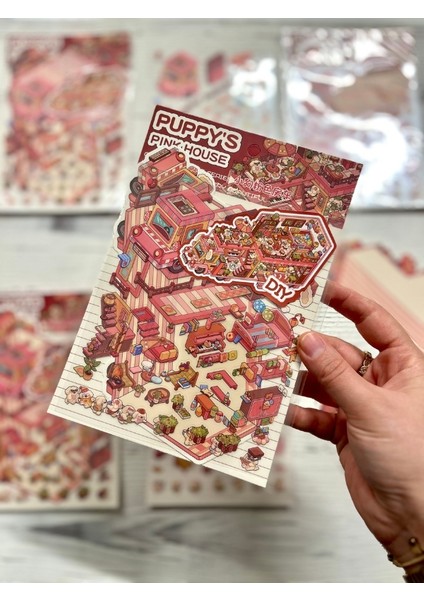 Dıy Pembe Köpek Karavanı 3D Diorama Izometrik Sticker Seti/97 Adet Sticker+Karavan Kartonu