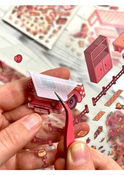 Dıy Pembe Köpek Karavanı 3D Diorama Izometrik Sticker Seti/97 Adet Sticker+Karavan Kartonu modelleri