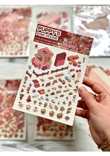 Dıy Pembe Köpek Karavanı 3D Diorama Izometrik Sticker Seti/97 Adet Sticker+Karavan Kartonu fırsatları