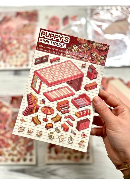 Dıy Pembe Köpek Karavanı 3D Diorama Izometrik Sticker Seti/97 Adet Sticker+Karavan Kartonu indirimleri