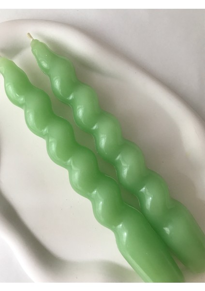 2'li Açık Yeşil Burgulu Spiral Şamdan Mumu - Dekoratif Renkli Mum