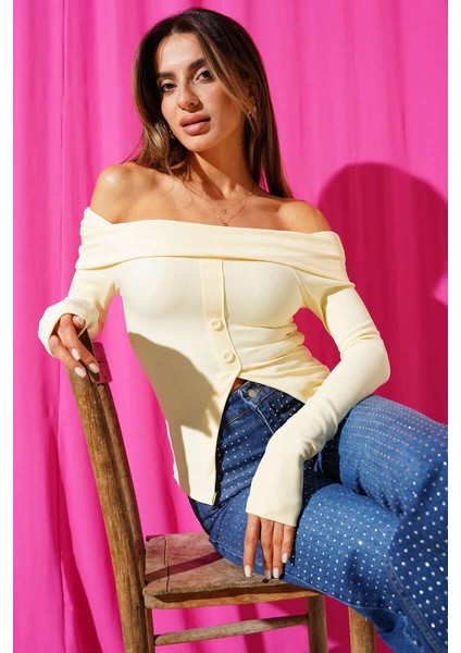 Xmpdby Madonna Yaka Düğmeli Bluz Sarı T4329 (Beden: S) fırsatları