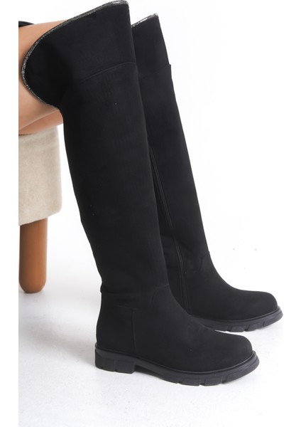 Kadın Çizme Siyah Süet Binici Diz Üstü Taşlı Kaymaz Taban Fermuarlı Kety fiyatları