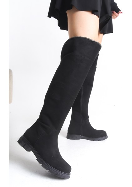 Kadın Çizme Siyah Süet Binici Diz Üstü Taşlı Kaymaz Taban Fermuarlı Kety fırsatları