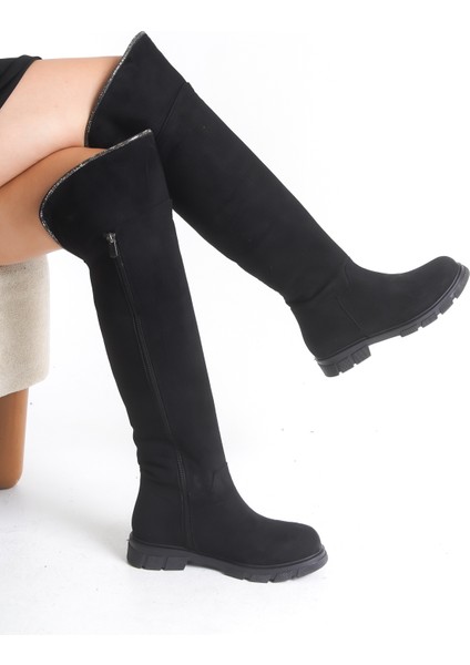 Kadın Çizme Siyah Süet Binici Diz Üstü Taşlı Kaymaz Taban Fermuarlı Kety