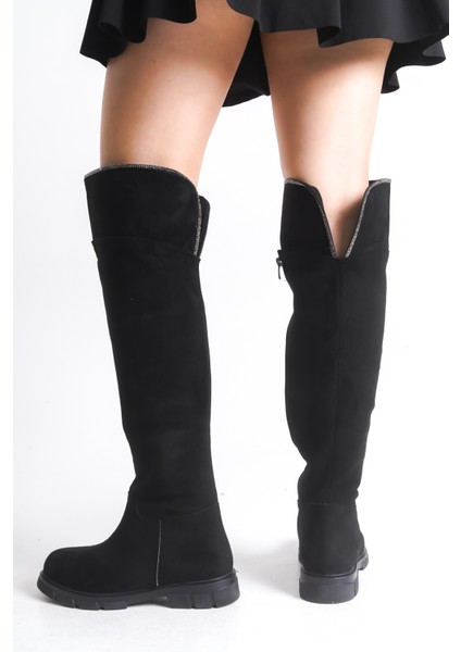 Kadın Çizme Siyah Süet Binici Diz Üstü Taşlı Kaymaz Taban Fermuarlı Kety